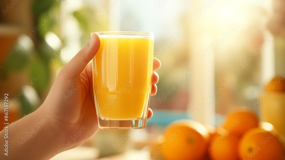 Close-up of a hand holding glass of freshly squeezed orange juice with blurred background of sunny kitchen Close-up of a hand holding glass of freshly squeezed orange juice with blurred background of sunny kitchen