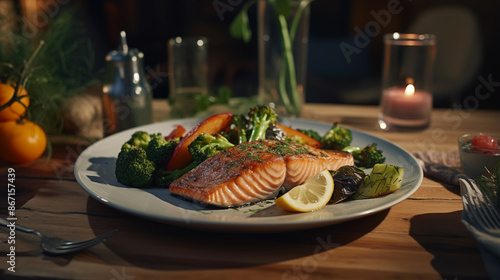 Close-up of a plate of grilled salmon with steamed vegetables placed on a dining table photo