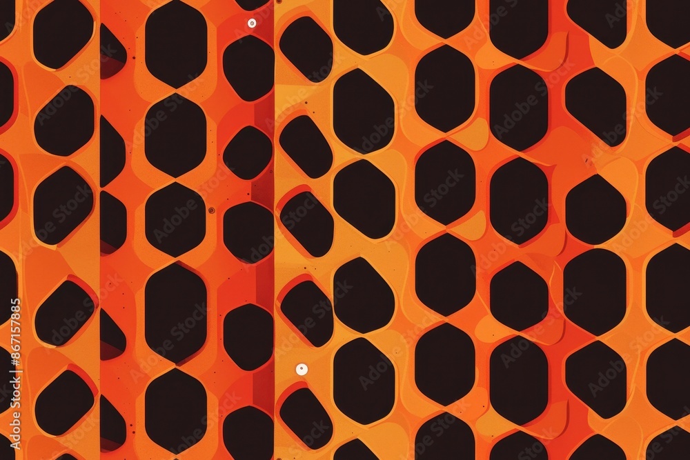 Orange metal grid with hexagonal holes, Industrial, modern, abstract geometric pattern background Orange metal grid with hexagonal holes, Industrial, modern, abstract geometric pattern background
