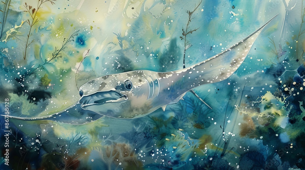 Fototapeta premium Stingray depicted in watercolor, soft blues and greens, gentle brushstrokes, intricate details, peaceful and whimsical underwater scene