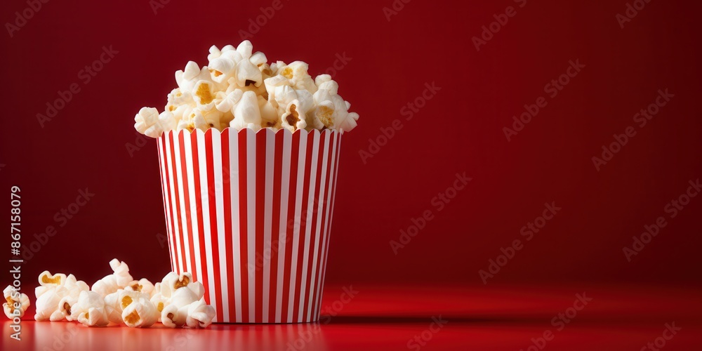 Popcorn in a Striped Bucket on a Red Background Popcorn in a Striped Bucket on a Red Background