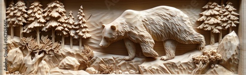 Wallpaper mural. Stock illustration. 3D relief bear.
