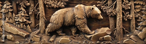 Stock illustration of a beautiful bear 3D relief wallpaper. Wall art. Mural wallpaper.