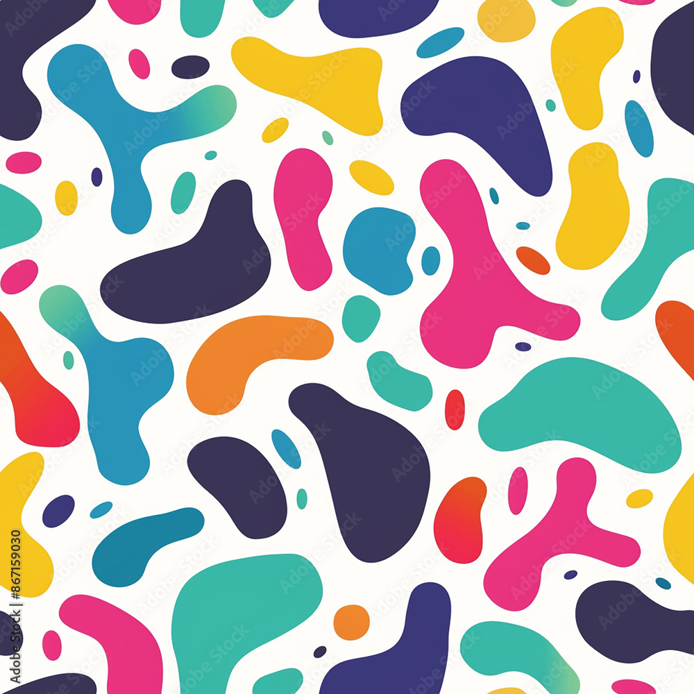 A playful seamless pattern with colorful, amoeba-like shapes on a white background. The bright and fun design is great for children's products and playful decor.