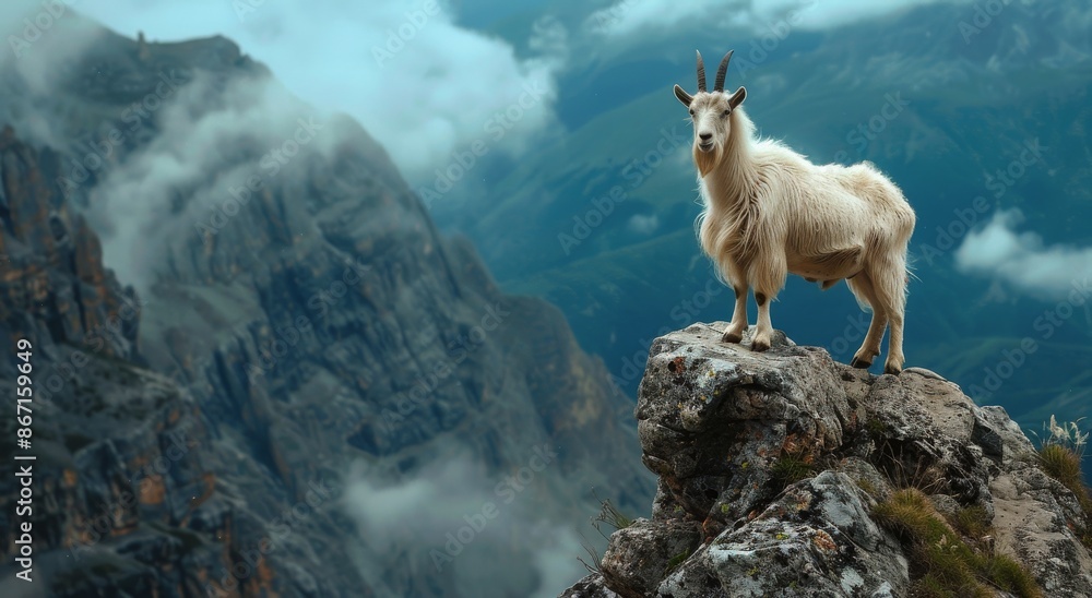 Fototapeta premium White Goat Standing on Mountain Clifftop With Clouds and Mist