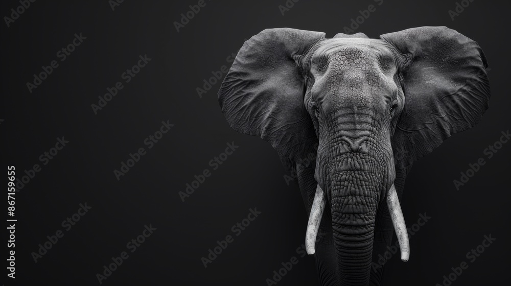 Obraz premium Majestic elephant head in black and white, detailed texture, black background, high contrast, striking and elegant composition