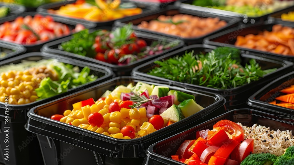 Neatly stacked disposable lunch boxes filled with a variety of meals, ready for delivery, vibrant colors, clean and organized presentation Neatly stacked disposable lunch boxes filled with a variety of meals, ready for delivery, vibrant colors, clean and organized presentation