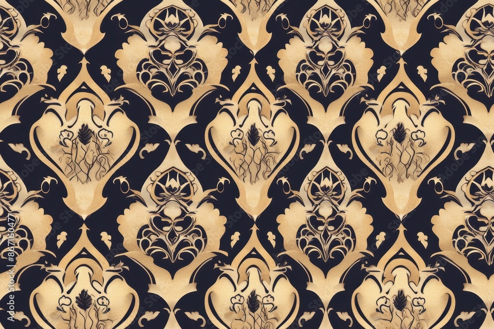 Luxury black and gold damask pattern background with a repeating floral motif Luxury black and gold damask pattern background with a repeating floral motif