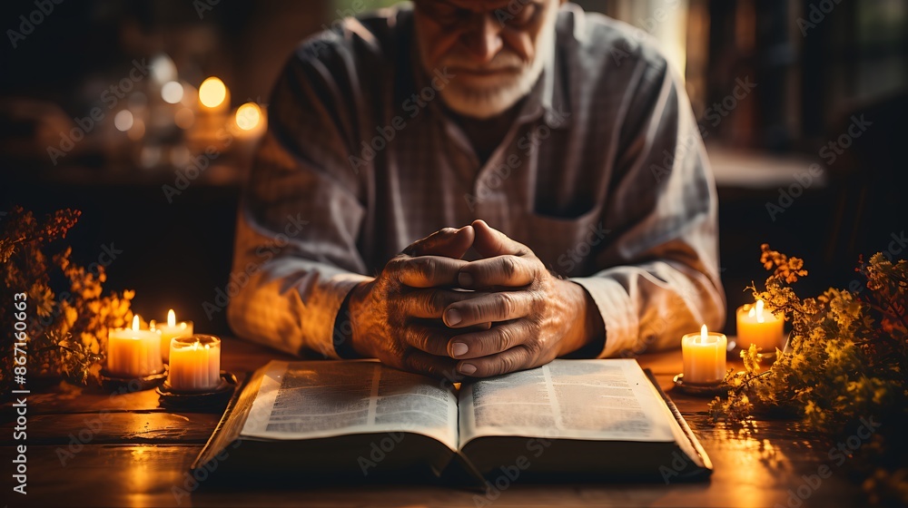 A close-up of hands clasped in prayer, resting on top of a Holy Bible, the pages slightly worn from frequent use A close-up of hands clasped in prayer, resting on top of a Holy Bible, the pages slightly worn from frequent use