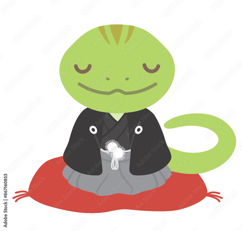 Naklejka premium 和服を着たかわいいヘビのイラスト、巳年の年賀状素材