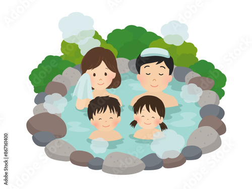 温泉に入る4人家族のベクターイラスト
