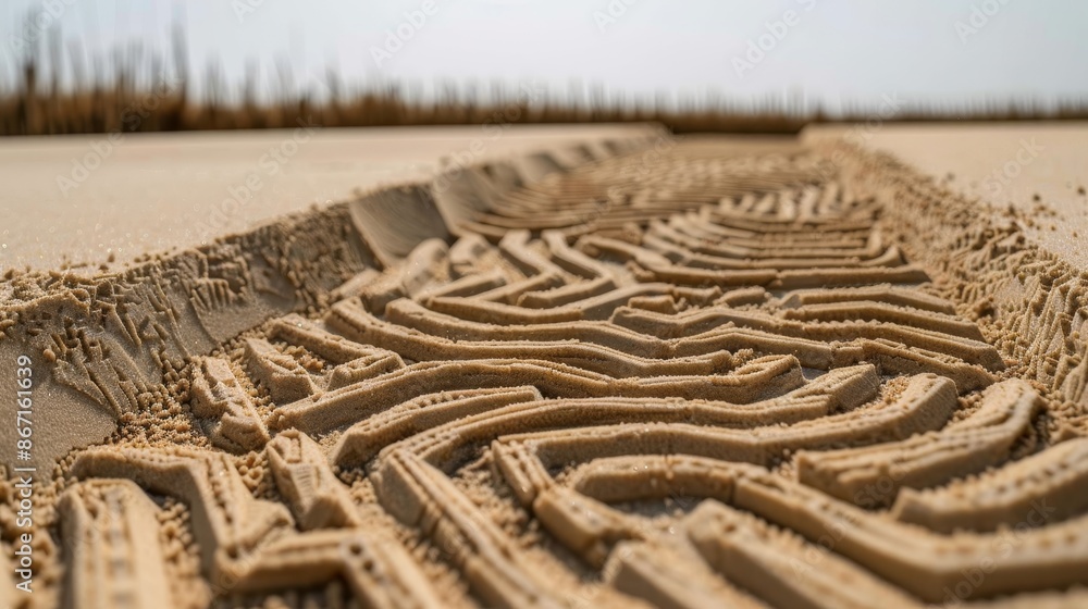 Robot car etching detailed sand maze, beach scenery, intricate patterns, serene and innovative art Robot car etching detailed sand maze, beach scenery, intricate patterns, serene and innovative art