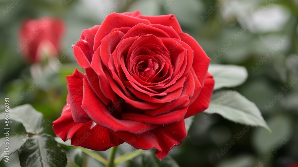 Stunning red rose fully bloomed, with delicate petals and deep red color, emphasizing its graceful beauty and natural elegance Stunning red rose fully bloomed, with delicate petals and deep red color, emphasizing its graceful beauty and natural elegance