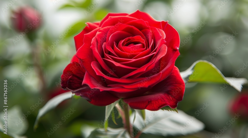 Stunning red rose fully bloomed, with delicate petals and deep red color, emphasizing its graceful beauty and natural elegance Stunning red rose fully bloomed, with delicate petals and deep red color, emphasizing its graceful beauty and natural elegance