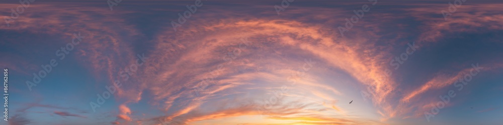 360 panorama of glowing sunset sky with bright pink Cirrus clouds. HDR 360 seamless spherical panorama. Full zenith or sky dome sky replacement for aerial drone panoramas. Climate and weather change. 360 panorama of glowing sunset sky with bright pink Cirrus clouds. HDR 360 seamless spherical panorama. Full zenith or sky dome sky replacement for aerial drone panoramas. Climate and weather change.
