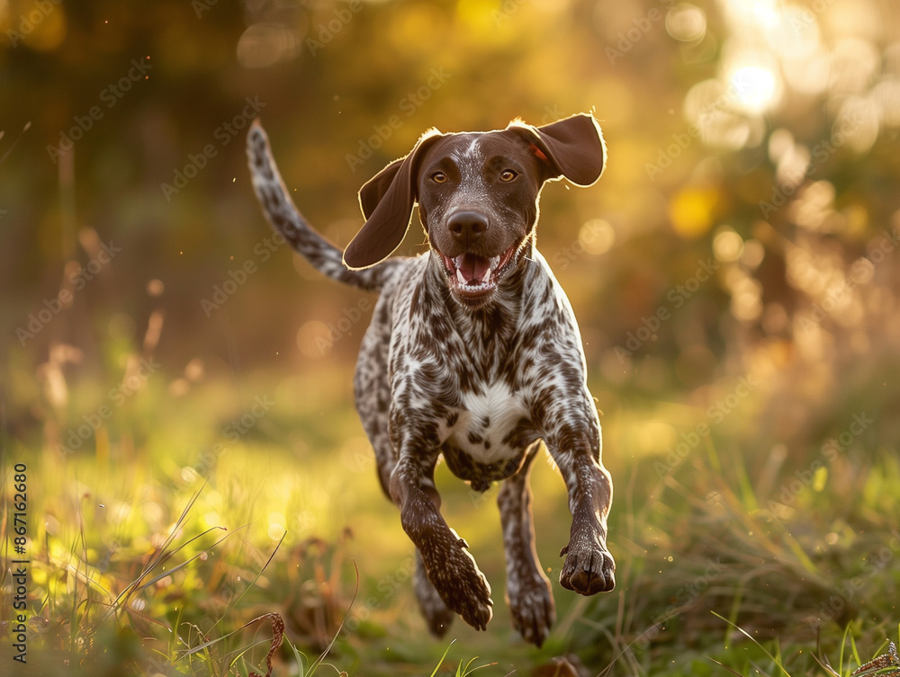 Full body shot of a German Shorthaired Pointer, happily running in the soft sunlight. Full body shot of a German Shorthaired Pointer, happily running in the soft sunlight.