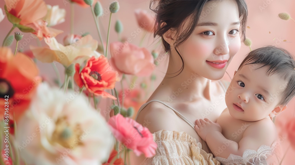 A heartwarming image of a beautiful Asian mother lovingly cradling her sleeping baby, surrounded by vibrant pink flowers, capturing a moment of pure tenderness and serenity. A heartwarming image of a beautiful Asian mother lovingly cradling her sleeping baby, surrounded by vibrant pink flowers, capturing a moment of pure tenderness and serenity.