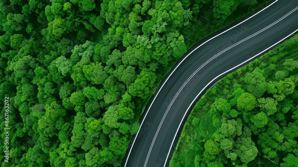 Aerial top view of a highway road cutting through a lush green forest, smooth asphalt, winding path, vibrant green trees, scenic and expansive Aerial top view of a highway road cutting through a lush green forest, smooth asphalt, winding path, vibrant green trees, scenic and expansive
