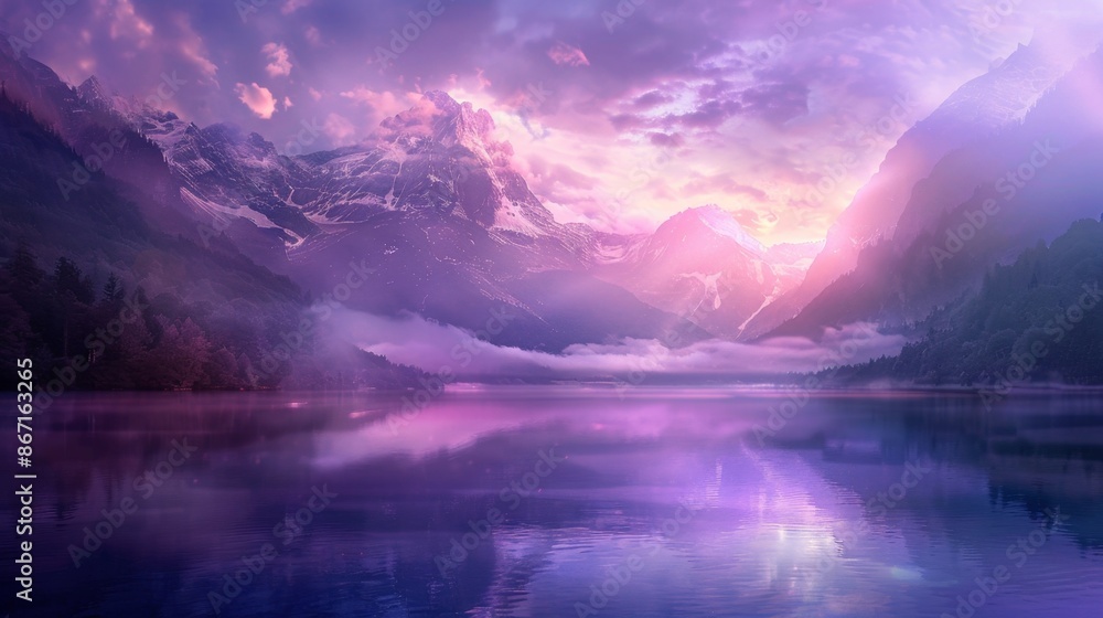 Enchanted Lake Serenity: Misty Mountains, Fantasy Landscape with Ethereal and Mystical Lighting Enchanted Lake Serenity: Misty Mountains, Fantasy Landscape with Ethereal and Mystical Lighting