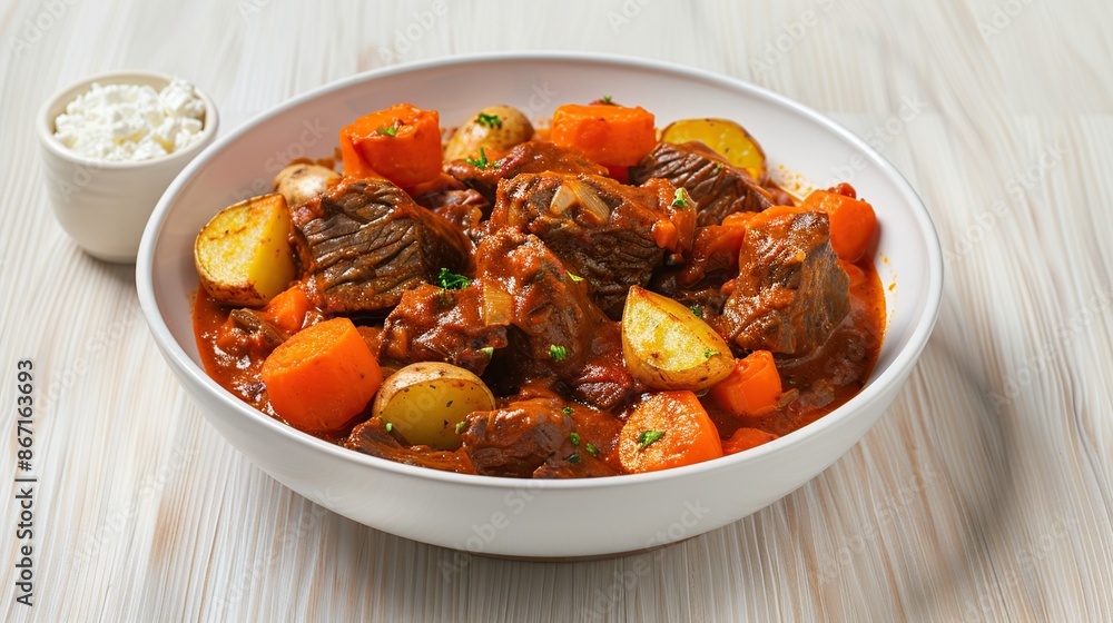 Beef Stew with Potatoes and Carrots in a White Bowl Beef Stew with Potatoes and Carrots in a White Bowl