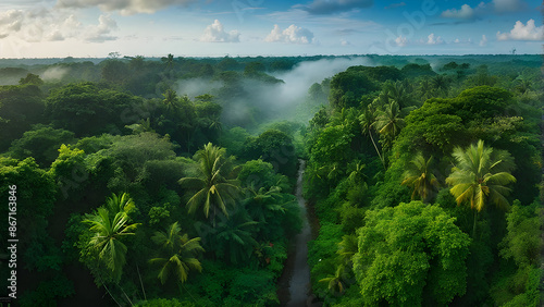 Aerial view of nature green forest and tree. Forest ecosystem and health concept and background, texture of green forest from above.Nature conservation concept.Natural scenery tropical green forest. 