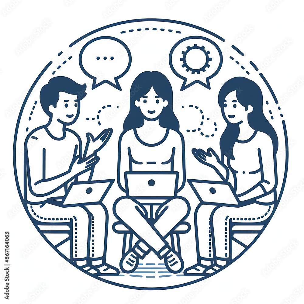 Graphic illustration of three people sitting in a circle and discussing business issues Graphic illustration of three people sitting in a circle and discussing business issues