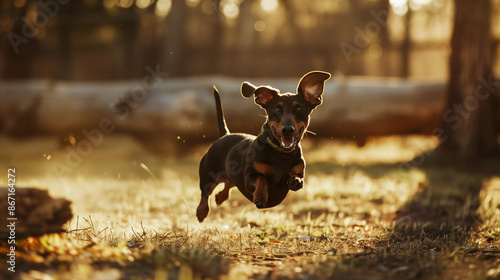 Full body shot of a Dachshund, happily running in the soft sunlight.