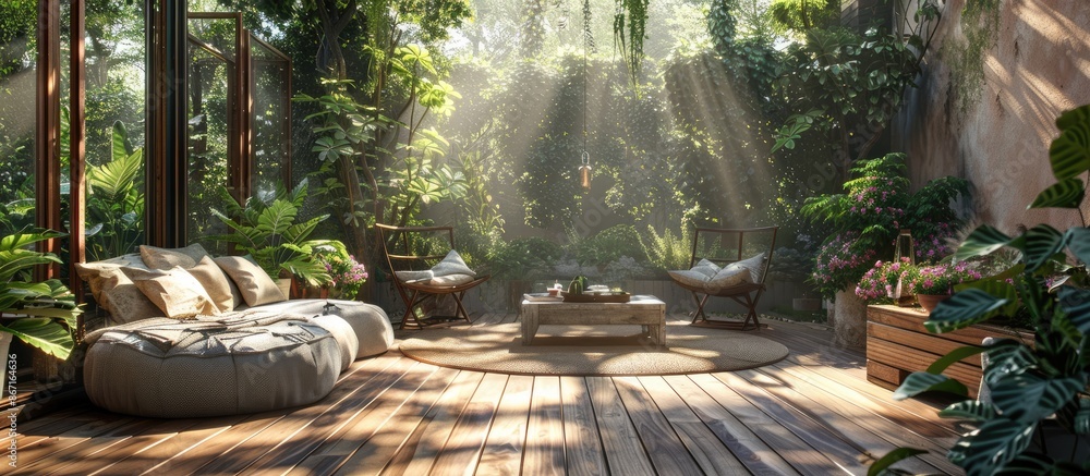 A genuine image of a serene bohemian oasis within a residence. Hardwood flooring on a patio adorned with cozy seating and flourishing greenery. Design idea showcasing a bright summer day. A genuine image of a serene bohemian oasis within a residence. Hardwood flooring on a patio adorned with cozy seating and flourishing greenery. Design idea showcasing a bright summer day.