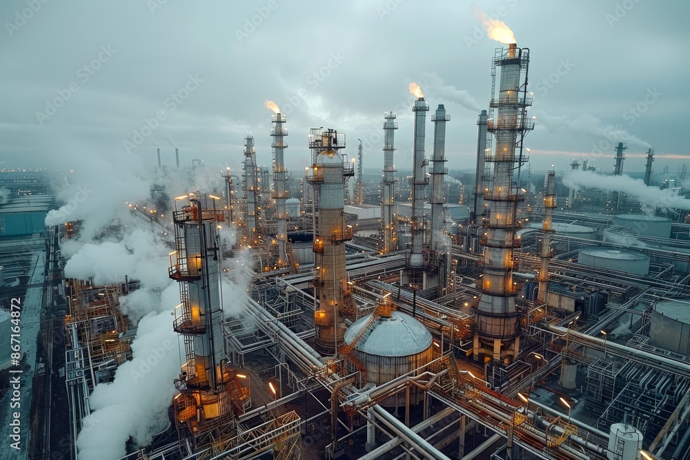 Wide-angle shot of an oil refinery with distillation columns, storage tanks, and processing units Wide-angle shot of an oil refinery with distillation columns, storage tanks, and processing units