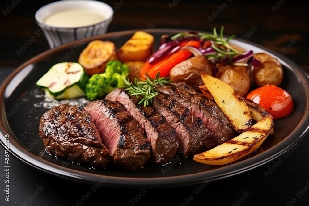 Steak with vegetables on a plate on a dark background Steak with vegetables on a plate on a dark background