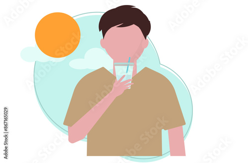 夏に水を飲んで水分補給をする男性。テイクアウトドリンク。ストロー。ベクターイラスト
