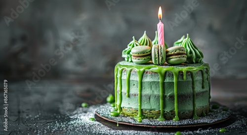 Green Cake With Macarons and Candle for Birthday Celebration