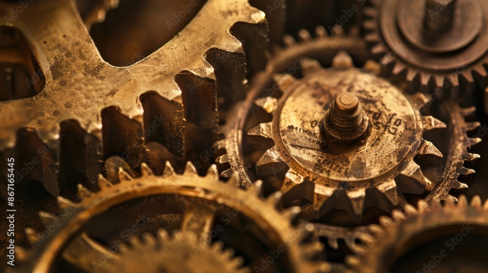 Close-up of weathered brass gears intricately interlocking, casting shadows in warm sepia tones Close-up of weathered brass gears intricately interlocking, casting shadows in warm sepia tones