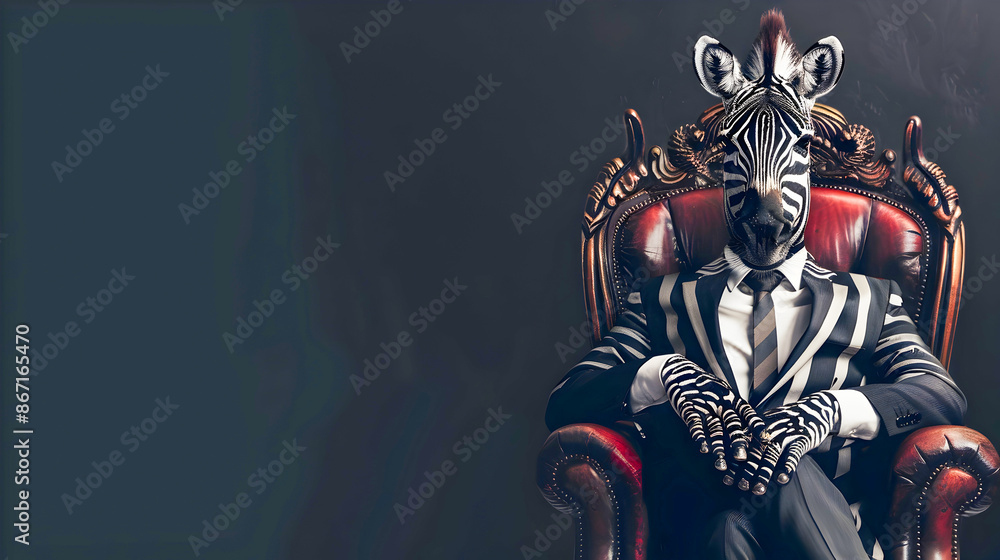 Fototapeta premium Powerful striking portrait of a zebra wearing a formal business suit and glasses sitting regally on a throne against a dark dramatic backdrop This surreal
