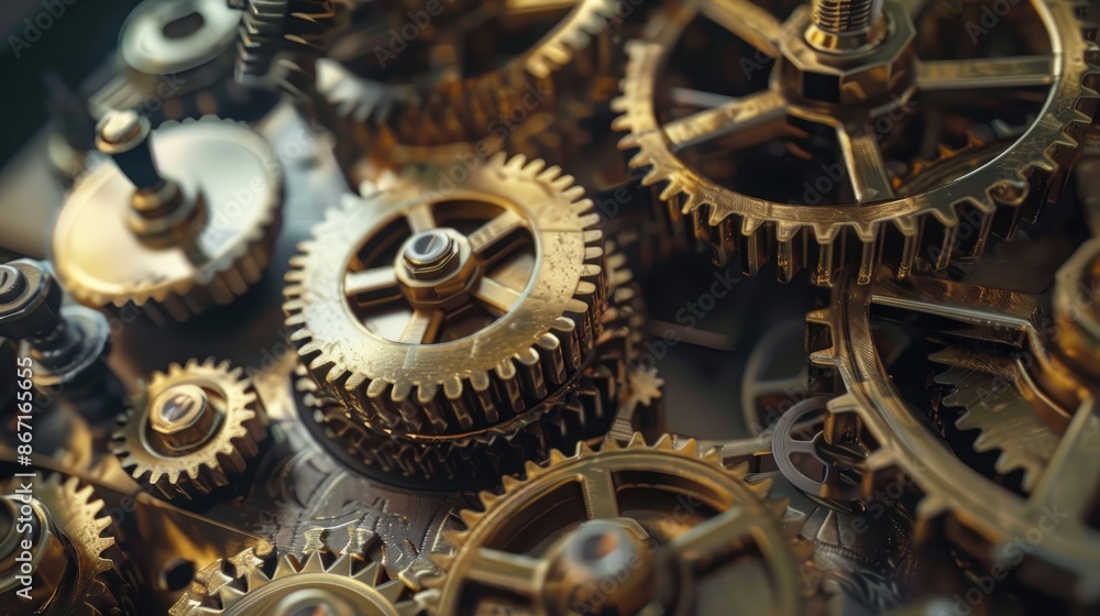 Detailed close-up of old brass gears and cogwheels, emphasizing the craftsmanship of steampunk engineering Detailed close-up of old brass gears and cogwheels, emphasizing the craftsmanship of steampunk engineering