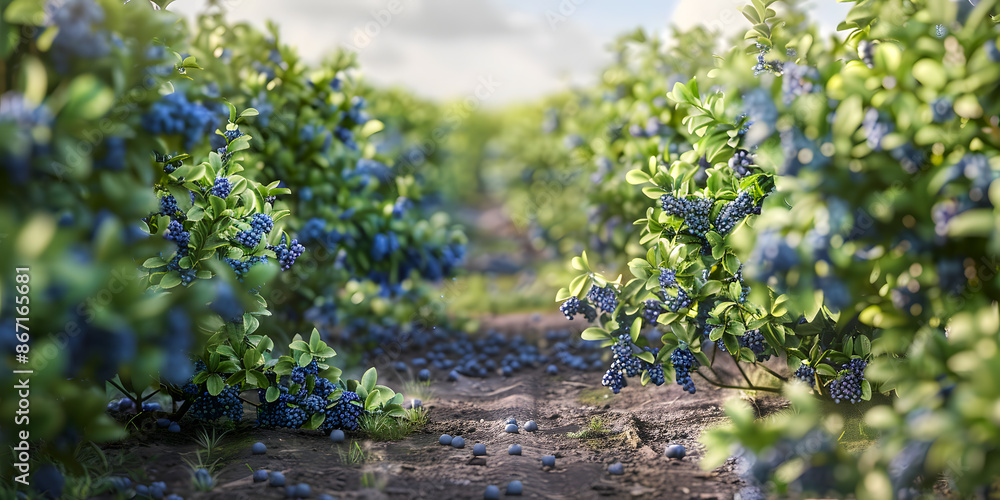 Fresco campo de moras azules maduras a punto de cosecharse de forma organica Fresco campo de moras azules maduras a punto de cosecharse de forma organica