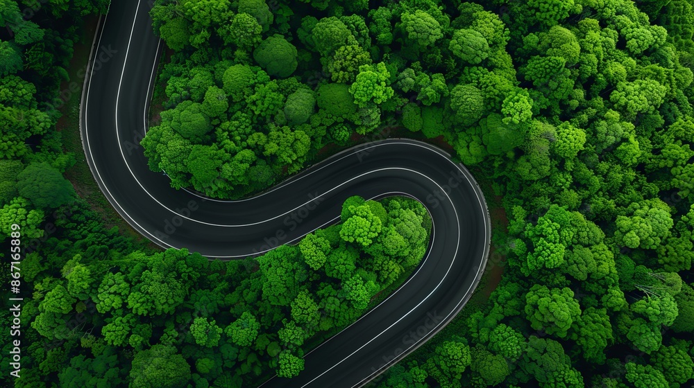 Highway road from above, surrounded by lush green forest, asphalt path, curving through the trees, vibrant and detailed, scenic view Highway road from above, surrounded by lush green forest, asphalt path, curving through the trees, vibrant and detailed, scenic view