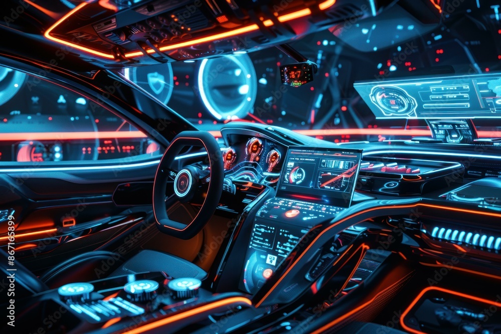 Futuristic sports car interior showing advanced technology features with neon lighting Futuristic sports car interior showing advanced technology features with neon lighting