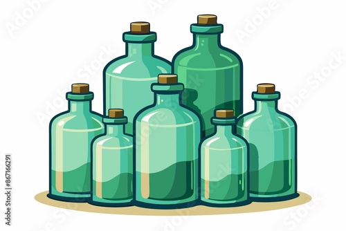 retro, white background, isolated, stack of vintage glass bottles sitting alone on white background, collecting dust.