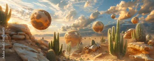 Surreal Desert Landscape with Giant Cactus and Floating Rocks under Dramatic Twilight Sky photo