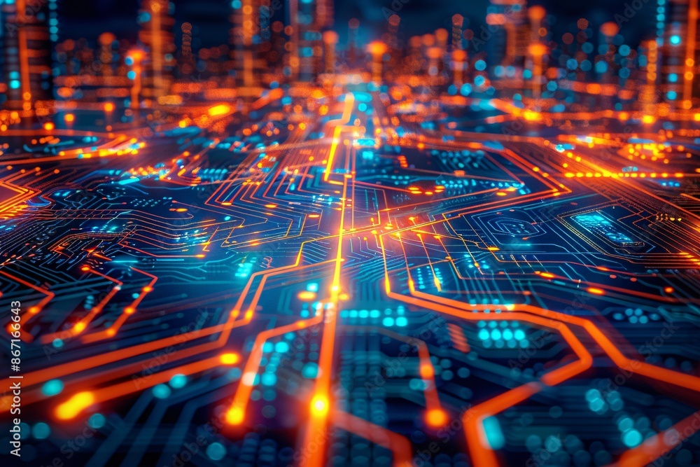 Close-up view of glowing circuit board pathways. Close-up view of glowing circuit board pathways.