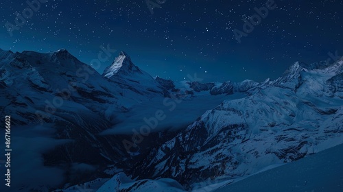 Matterhorn mountain shining under starry night sky with snowy alps mountain range