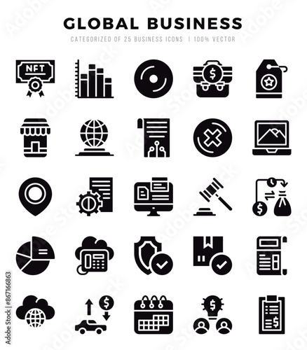 Collection of Global Business 25 Glyph Icons Pack.