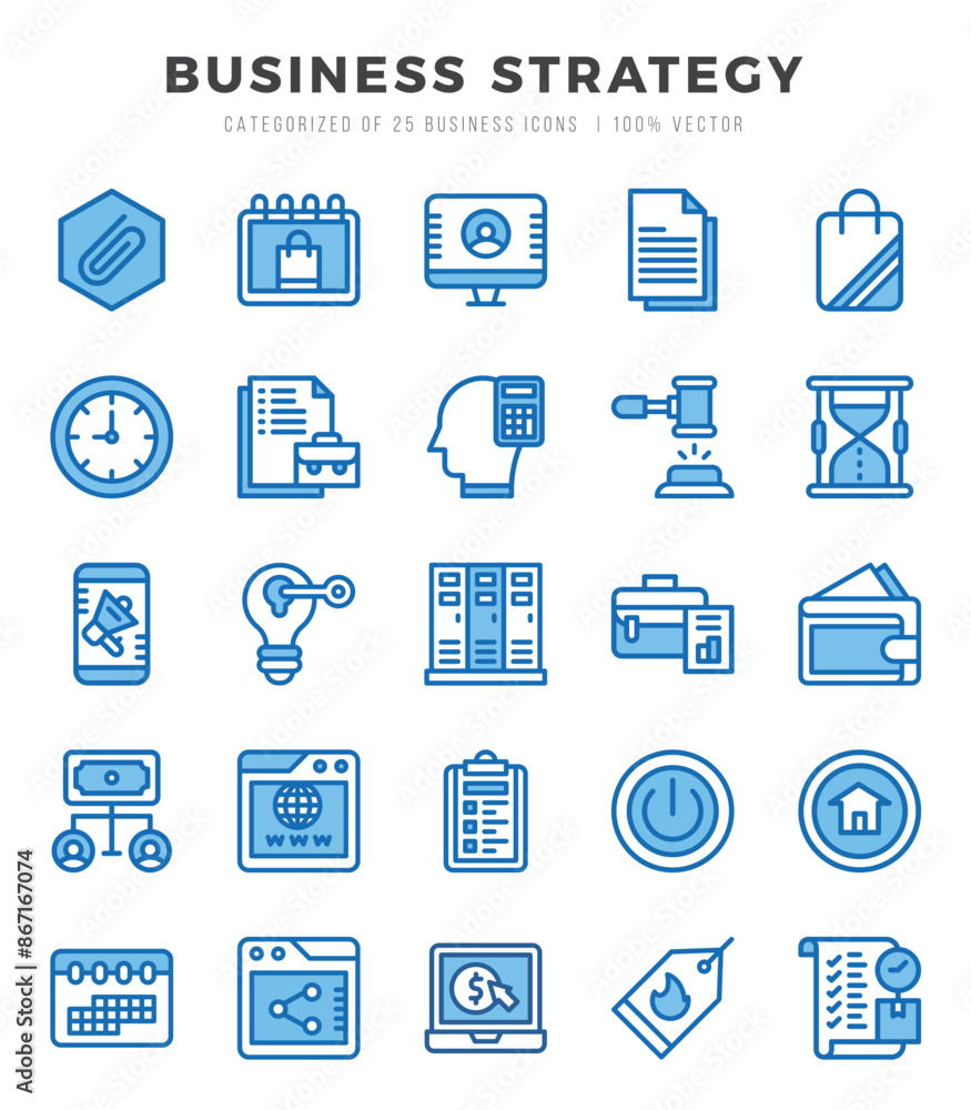 Collection of Business Strategy 25 Two Color Icons Pack. Collection of Business Strategy 25 Two Color Icons Pack.