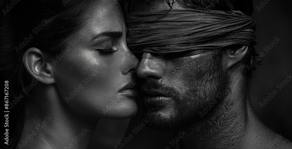 Monochrome Intimate Couple: CloseUp of a Blindfolded Man and a Woman in Passionate Embrace Monochrome Intimate Couple: CloseUp of a Blindfolded Man and a Woman in Passionate Embrace