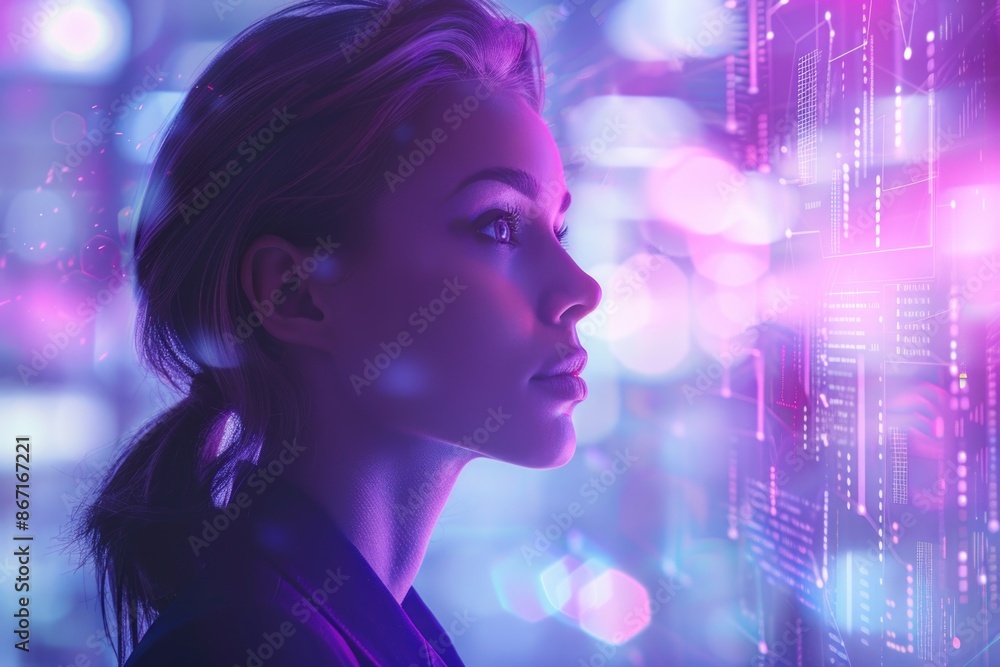 Woman Analyzing Futuristic Digital Interface with Abstract Purple and Blue Lights Woman Analyzing Futuristic Digital Interface with Abstract Purple and Blue Lights
