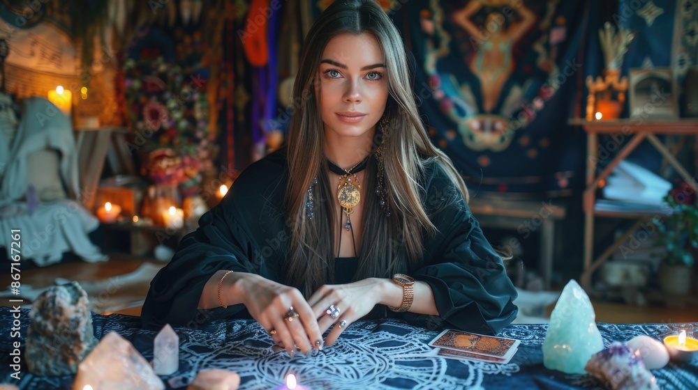 Fototapeta premium Mystical Fortune Teller in Bohemian Atmosphere with Tarot Cards and Crystals