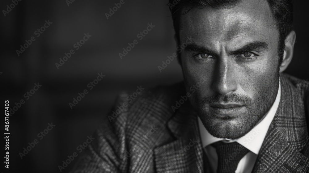 Fototapeta premium Intense Black and White Portrait of Bearded Man in Suit with Focused Expression