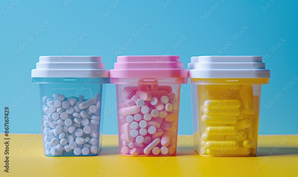 Colorful Medicine Containers with Pills and Capsules Against BlueYellow Background Colorful Medicine Containers with Pills and Capsules Against BlueYellow Background
