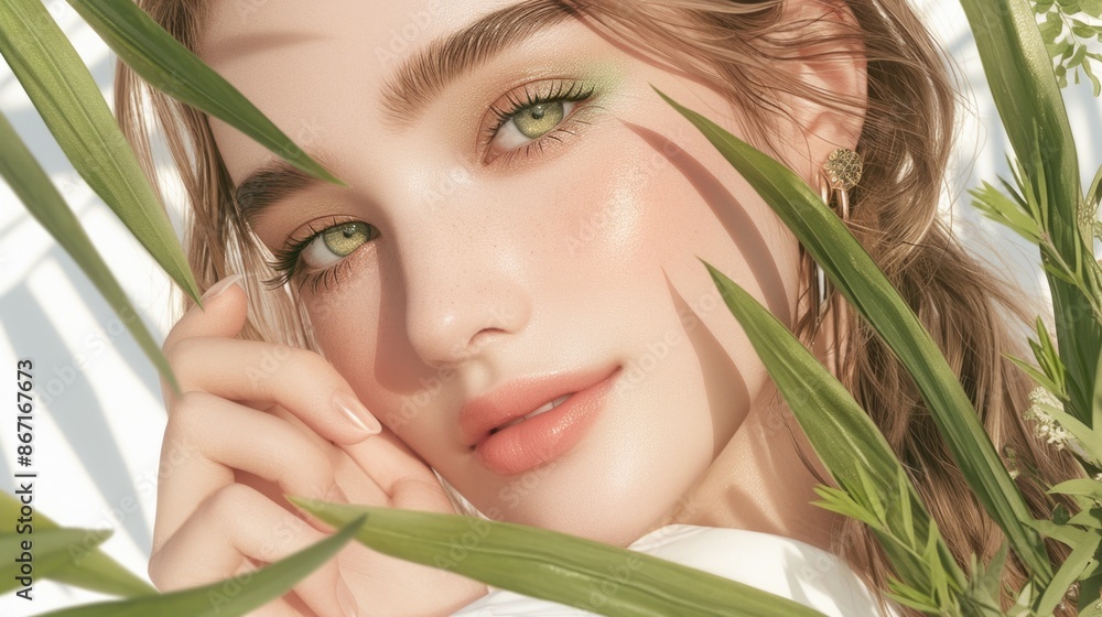 CloseUp of a Young Woman with Green Eyes and Makeup in Nature with Soft Lighting CloseUp of a Young Woman with Green Eyes and Makeup in Nature with Soft Lighting